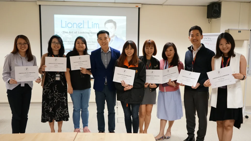 Lionel Lim with Changi Airport Group participants after a professional grooming workshop in Singapore